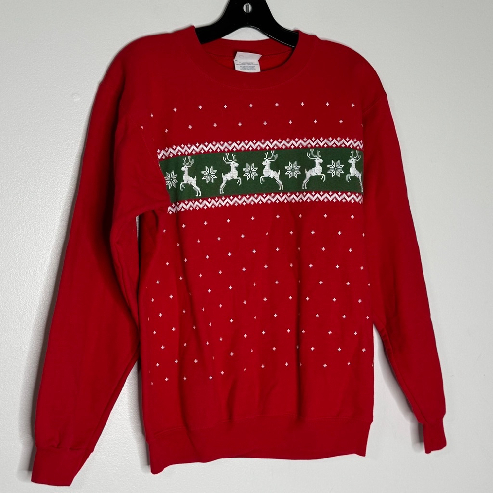C Port & Company Christmas Red Sweater with reindeer Print.